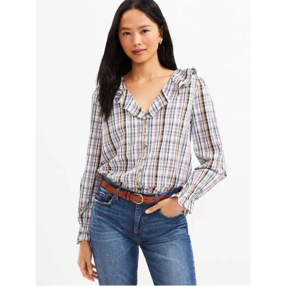 LOFT Multicolor Plaid Ruffle Collar V-Neck Button-Up Long Sleeve Top Preppy M